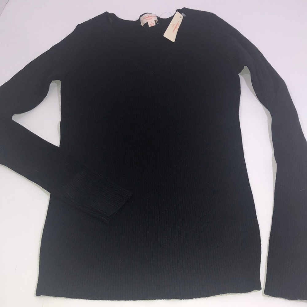Ambiance Ribbed Sweater V-Neck Long Sleeve  Black Size L.